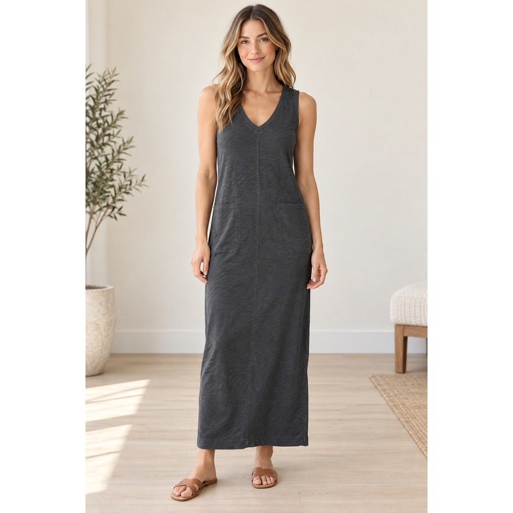 Lou & Grey Womens XS Black Slub Cotton V-Neck Sleeveless Midi Dress with Pockets